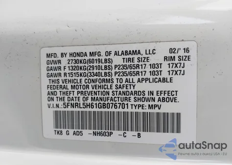 2016 Honda Odyssey Ex-L from USA, damaged, VIN 5FNRL5H61GB076701